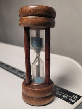 Vintage Wooden Hourglass with Blue Sand. 4"